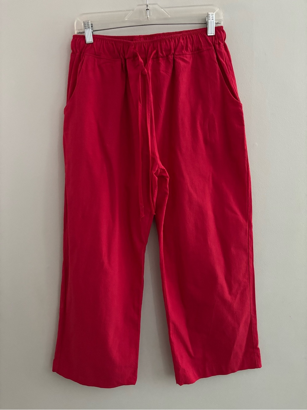 Linen Blend Crop Wide Leg Pants Red Elastic Waist Pockets Size M Medium Women’s